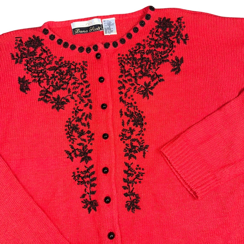 Dana Scott Red Cardigan Sweater Beaded Silk Angora Lambswool Vintage Women's M